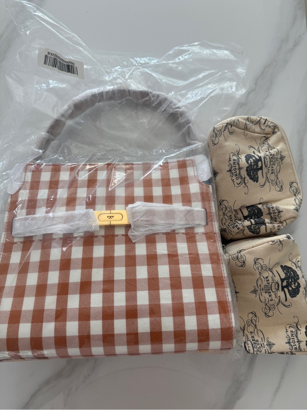 Tory Burch Brown and White Gingham Top-Handle Shoulder Bag - Picture 1 of 1